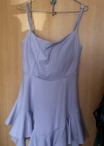 Mor Midi Elbise, Askılı, Volanlı - Görsel 4