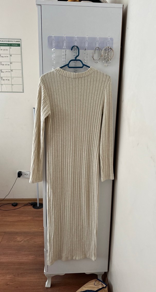 Bej Örgü Kadın Uzun Kollu Elbise - Görsel 3