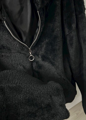 Kapüşonlu Siyah Midi Peluş Kadın Mont - Görsel 2