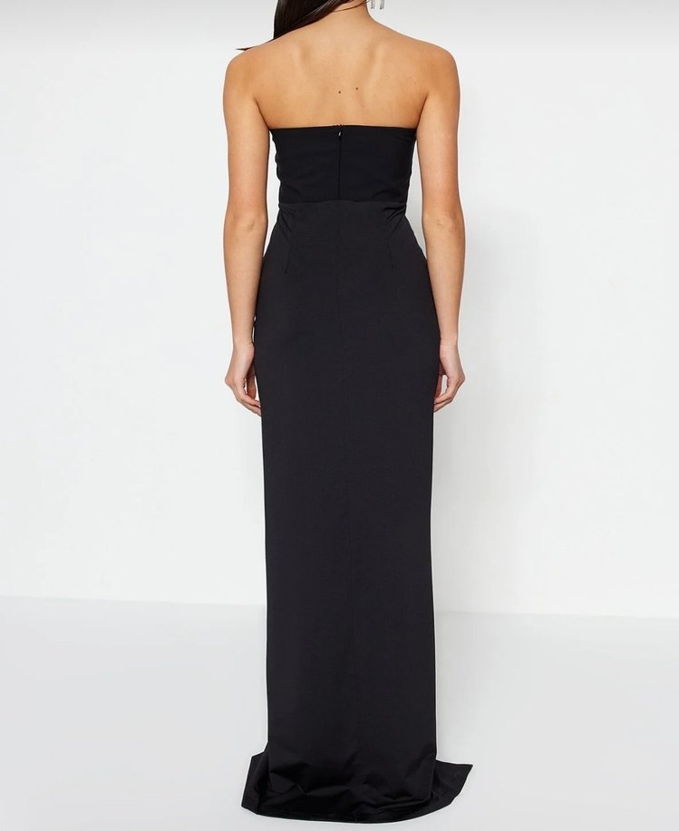 Siyah Drapeli Uzun Straplez Elbise - Görsel 4