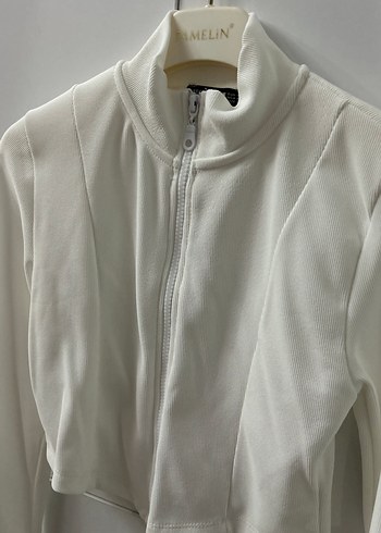 Beyaz Mini Fermuarlı Kadın Ceket - Görsel 2