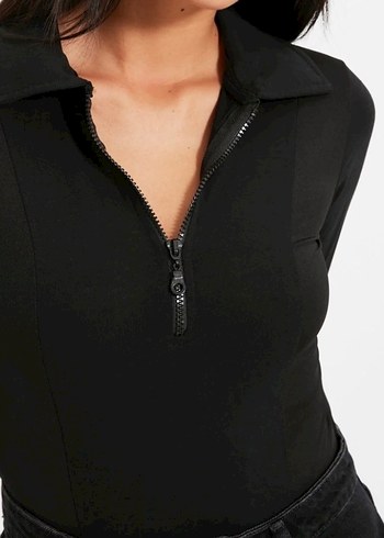 Siyah Fermuarlı V Yaka Kadın Bluz - Görsel 2