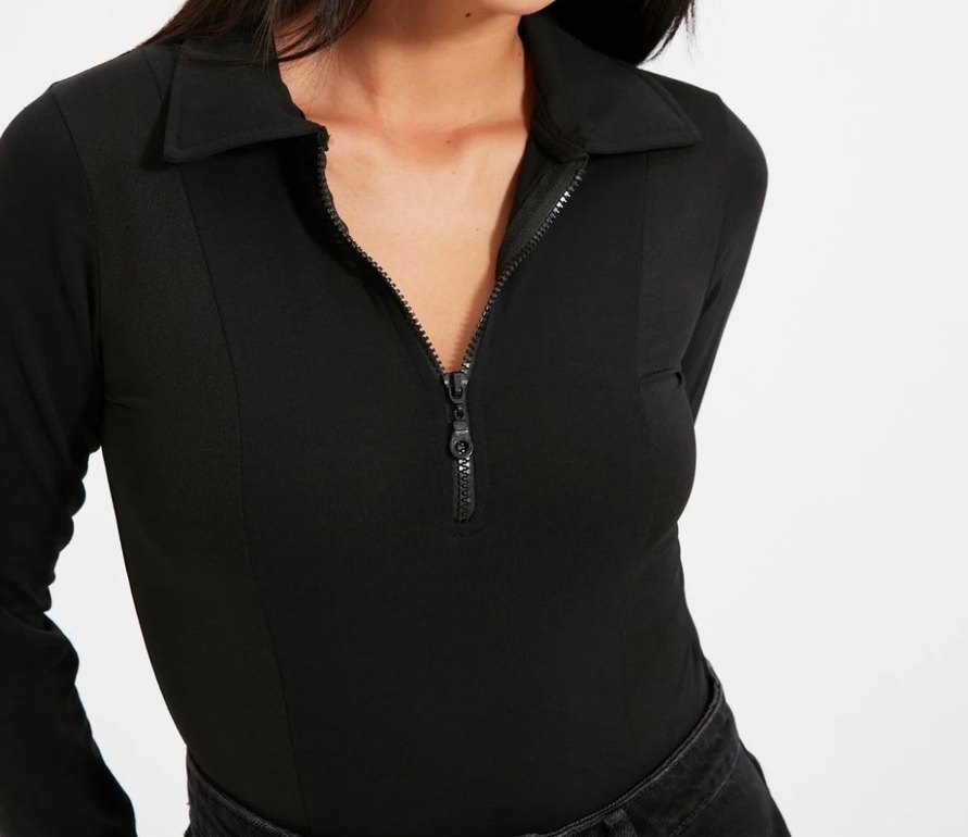 Siyah Fermuarlı V Yaka Kadın Bluz - Görsel 2