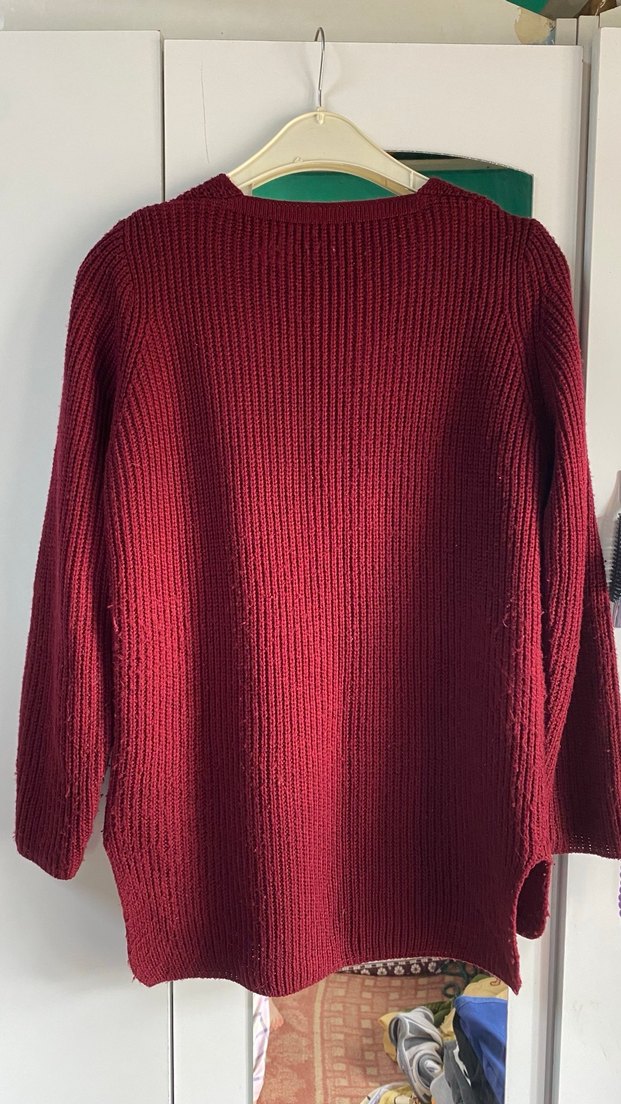 Bordo V Yaka Örgü Kadın Kazak - Görsel 2