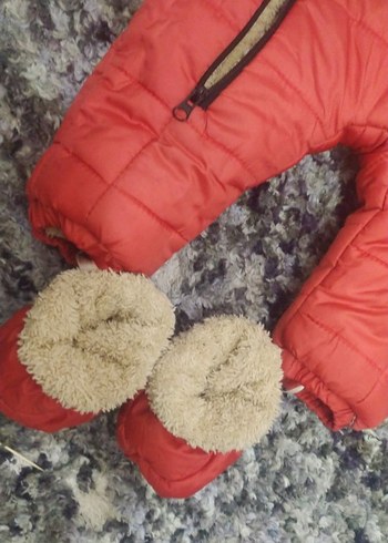 Kürklü Kapüşonlu Kırmızı Bebek Tulumu - Görsel 4