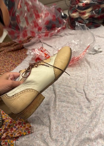 Vintage Bej Deri Bağcıklı Oxford Ayakkabı - Görsel 4