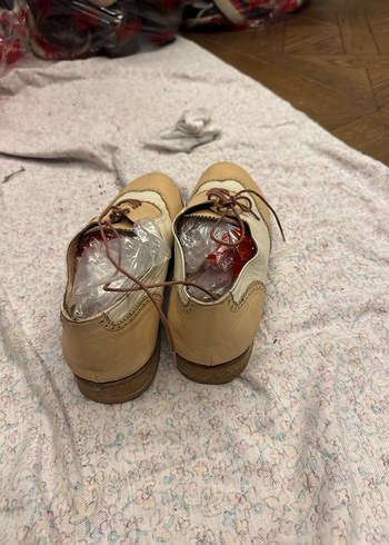 Vintage Bej Deri Bağcıklı Oxford Ayakkabı - Görsel 3