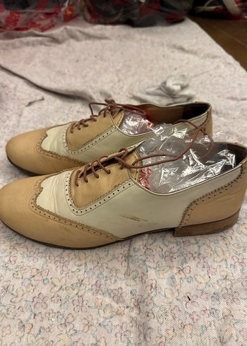 Vintage Bej Deri Bağcıklı Oxford Ayakkabı - Görsel 2