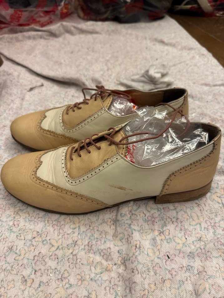 Vintage Bej Deri Bağcıklı Oxford Ayakkabı - Görsel 2