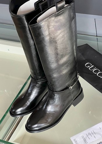 Gucci Siyah Deri Diz Alti Cizme
