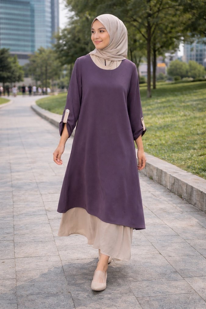 Bej Drapeli Uzun Kadın Elbise - Görsel 2