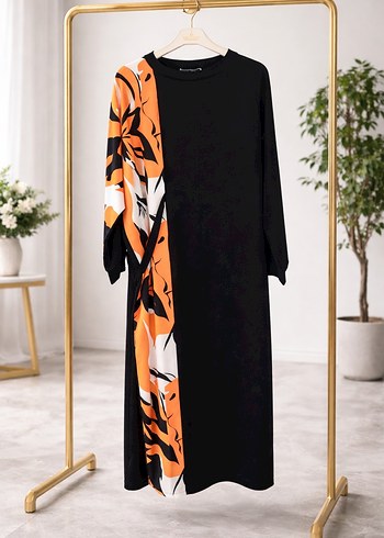 Drapeli Baskılı Siyah Uzun Kadın Elbise - Görsel 2