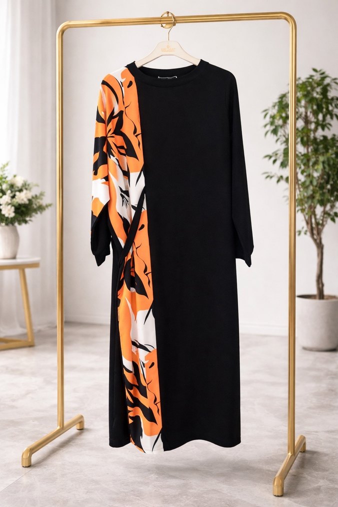 Drapeli Baskılı Siyah Uzun Kadın Elbise - Görsel 2