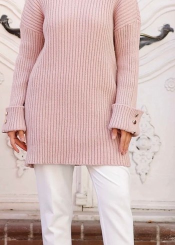 Pembe Triko İspanyol Kol Düğmeli Kadın Kazak - Görsel 3