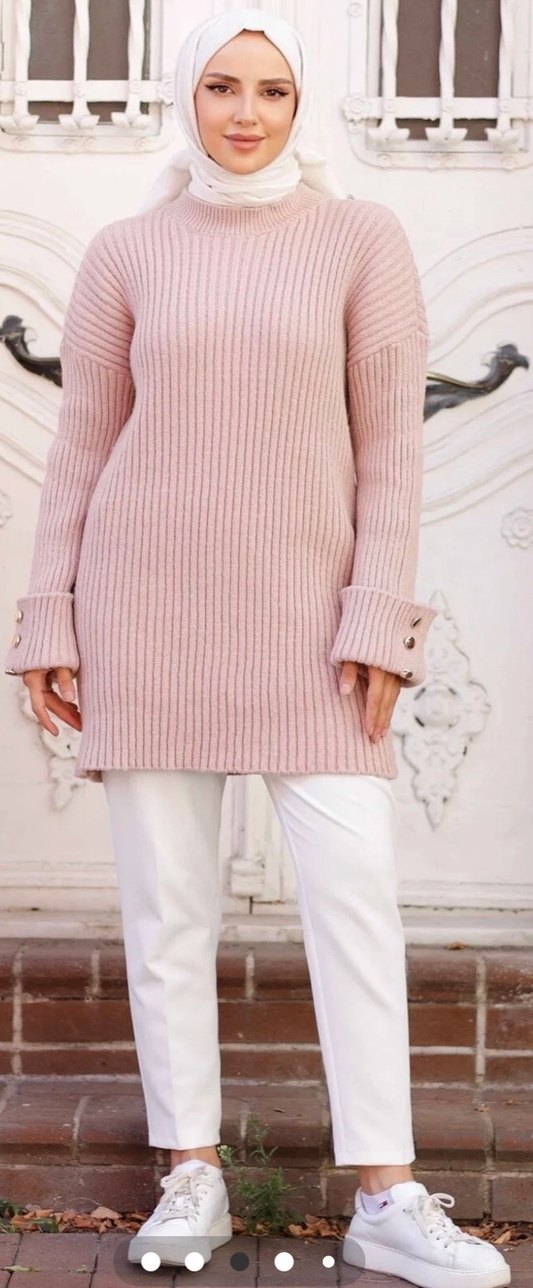 Pembe Triko İspanyol Kol Düğmeli Kadın Kazak - Görsel 3