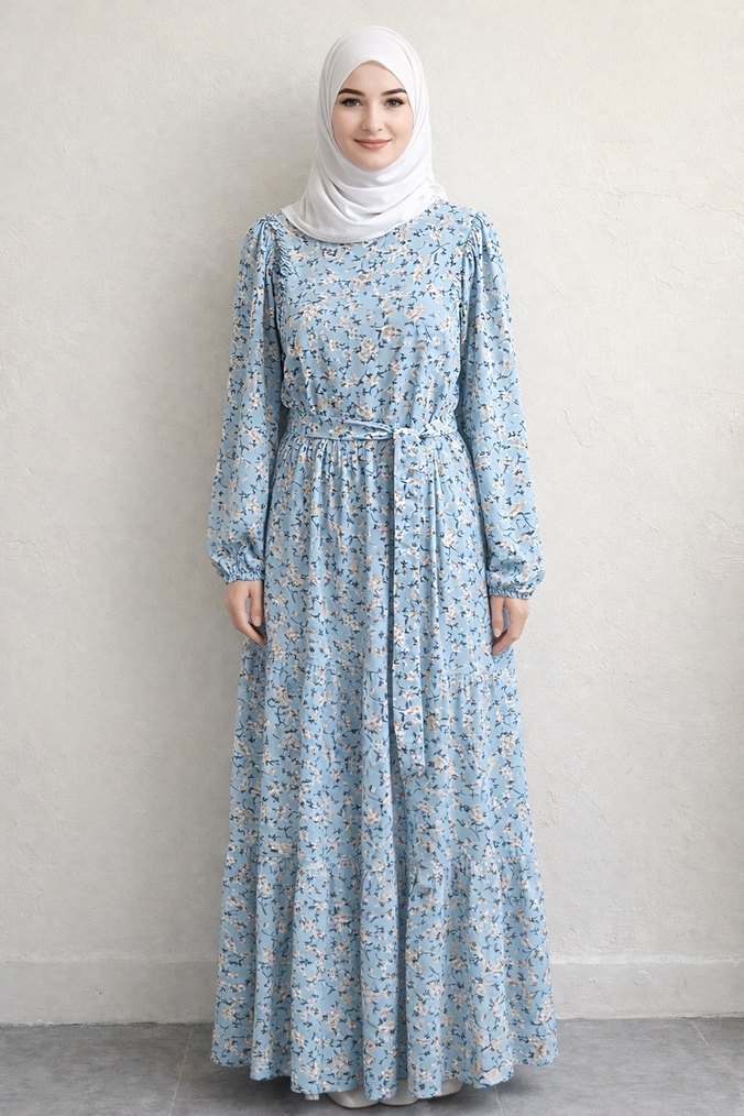 Mavi Bohem Uzun Kol Elbise - Görsel 3