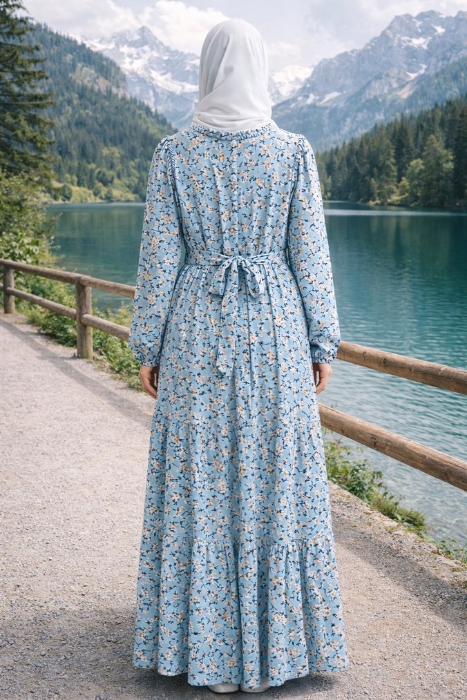 Mavi Bohem Uzun Kol Elbise - Görsel 2