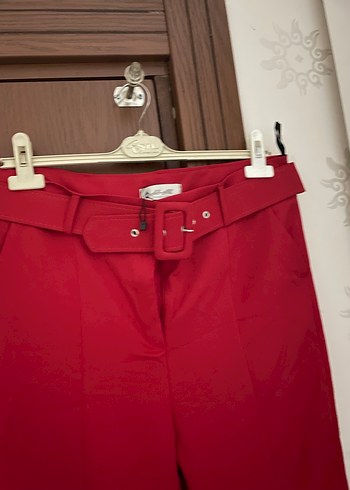Kadın Kemerli Kırmızı Midi Kumaş Pantolon - Görsel 3