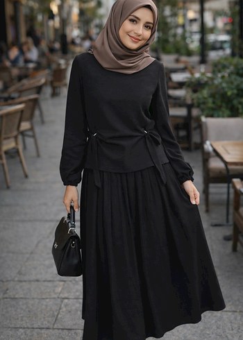 Siyah Uzun Kol ve Kemer Detaylı ikili takım - Görsel 2