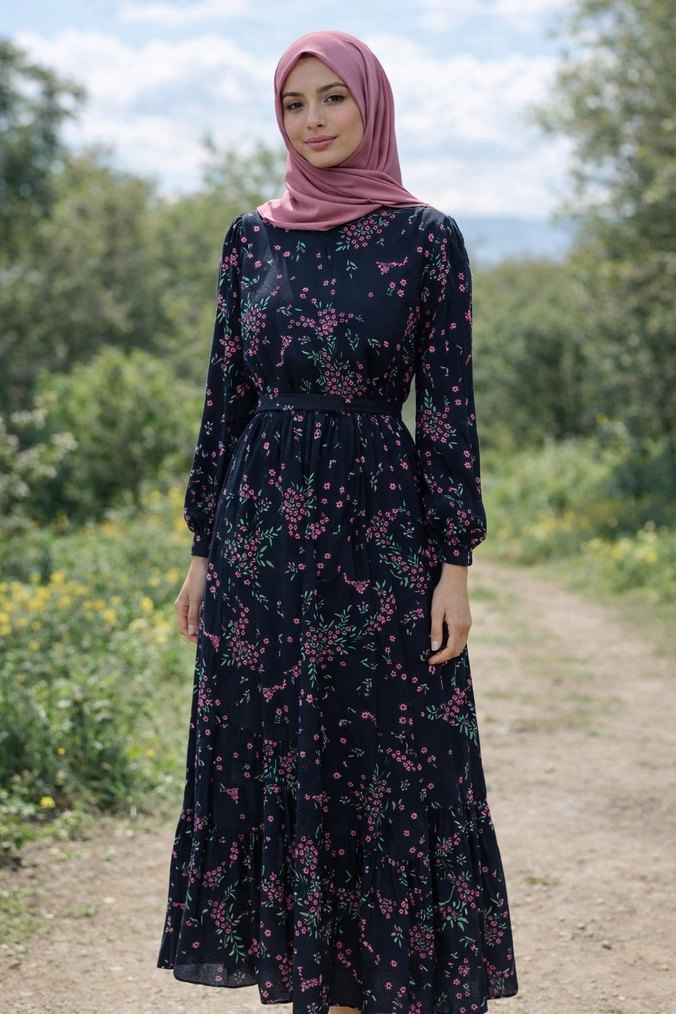 Uzun Kollu Siyah  Çiçekli Bohem Uzun Elbise - Görsel 2