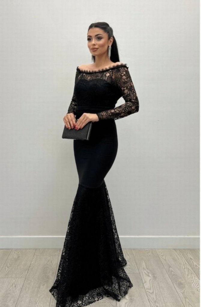 Siyah Dantel Uzun Kollu Balık Abiye Elbise - Görsel 2