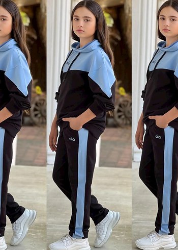 Kız Çocuk Mavi Siyah Sweatshirt ve Eşofman Takımı - Görsel 2