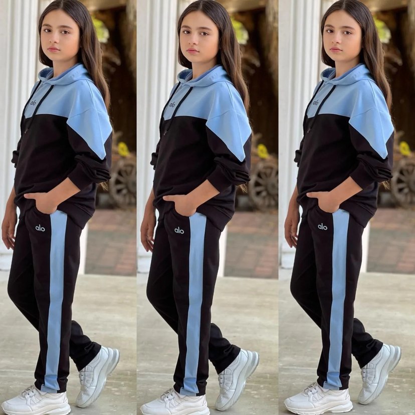 Kız Çocuk Mavi Siyah Sweatshirt ve Eşofman Takımı - Görsel 2