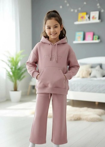 Pembe Kapüşonlu Kız Sweatshirt ve Eşofman Takımı - Görsel 2