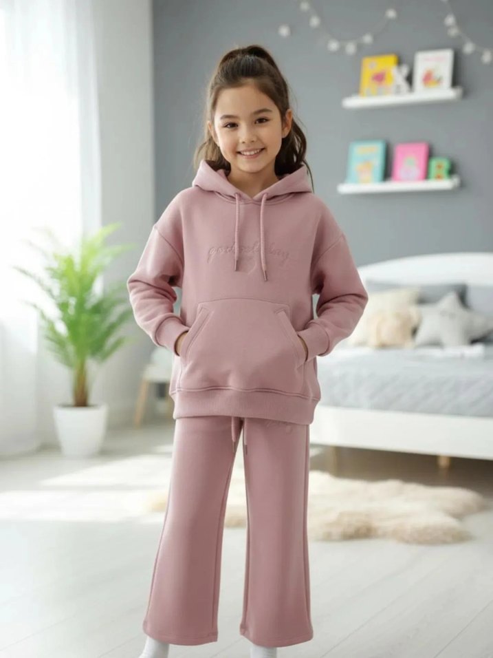 Pembe Kapüşonlu Kız Sweatshirt ve Eşofman Takımı - Görsel 2