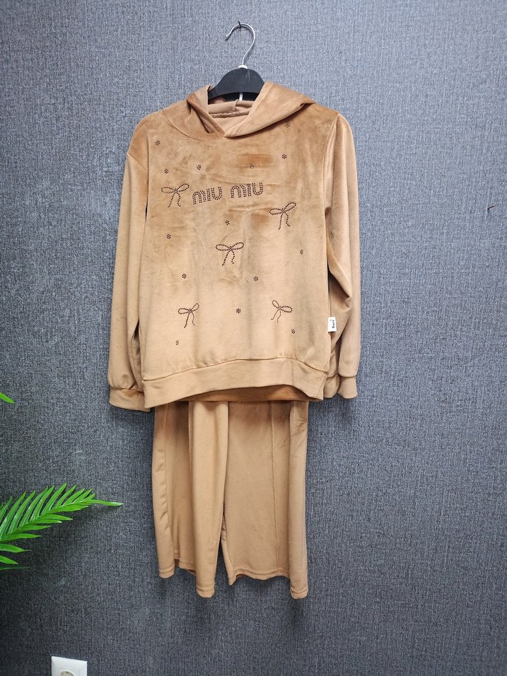 Kızlar için Kahverengi Kapüşonlu Sweatshirt ve Eşofman kadife - Görsel 2