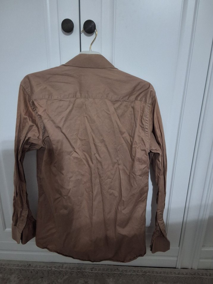 Bej Keten Erkek Gömlek, Düğmeli, Uzun Kollu - Görsel 4