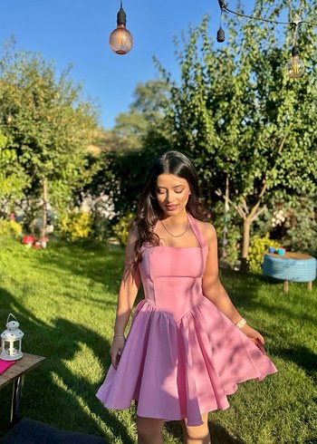 Pembe Mini Straplez Drapeli Kadın Elbise - Görsel 2