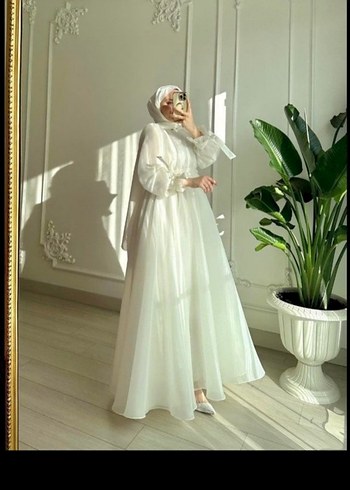 Uzun Beyaz Drapeli Modern Klasik Gelinlik - Görsel 2