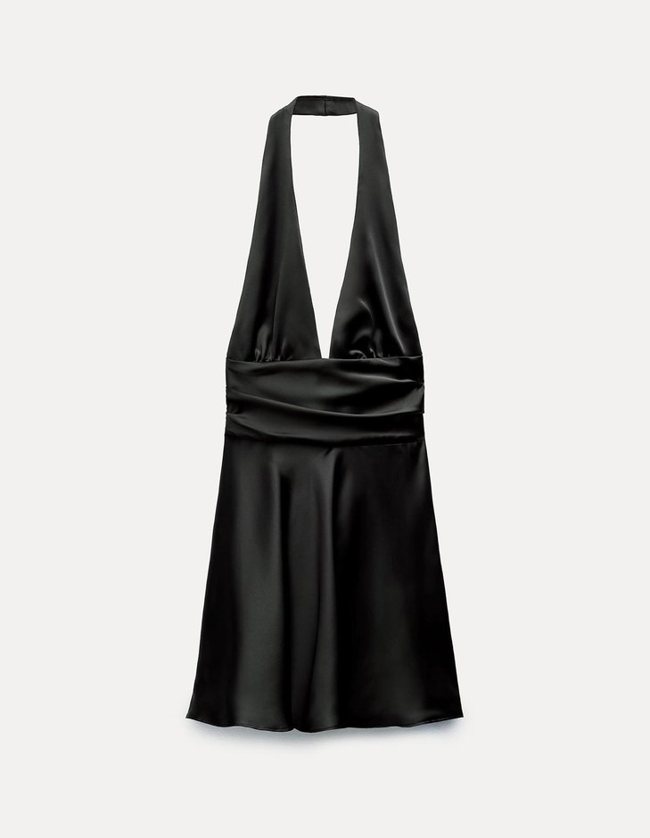 Siyah V Yakalı Drapeli Midi Elbise - Görsel 3