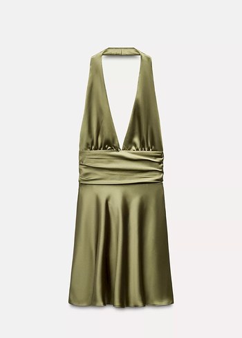 V Yaka Drapeli Parlak Haki Midi Elbise - Görsel 3