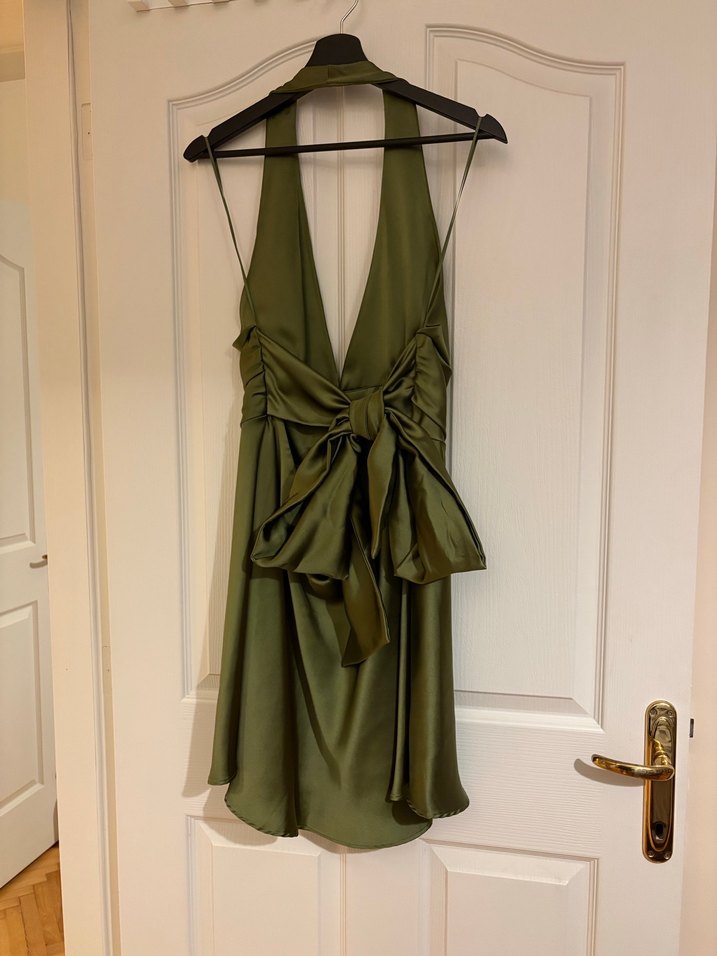 V Yaka Drapeli Parlak Haki Midi Elbise - Görsel 2