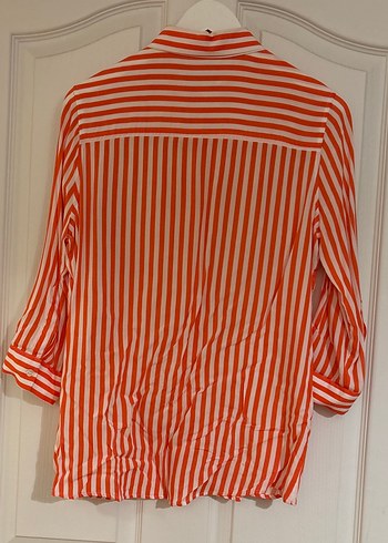 Turuncu Çizgili Uzun Kollu Kadın Gömlek - Görsel 2