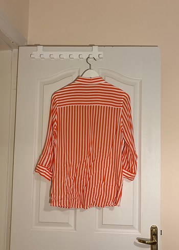 Turuncu Çizgili Uzun Kollu Kadın Gömlek - Görsel 3