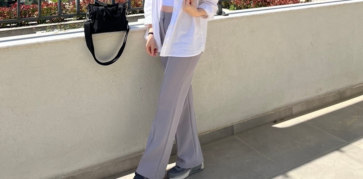 Düğmeli Gri Kadın Pantolon - Görsel 2