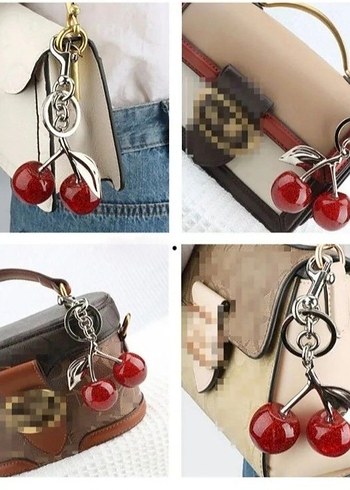 Parlak Kırmızı Zincir Detaylı Kiraz Anahtarlık - Görsel 2