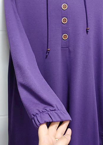 Düğmeli Mor Kapüşonlu Oversize Kadın Tunik - Görsel 2