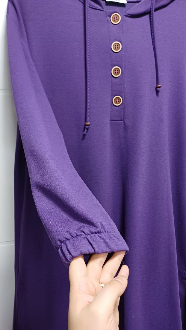 Düğmeli Mor Kapüşonlu Oversize Kadın Tunik - Görsel 2