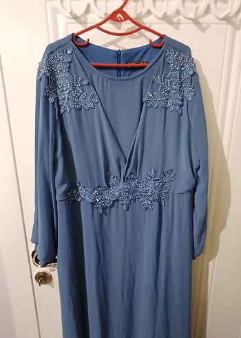 Mavi Nakışlı Uzun Bohem Kadın Elbise - Görsel 4