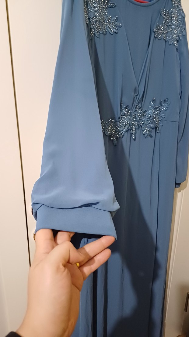 Mavi Nakışlı Uzun Bohem Kadın Elbise - Görsel 2