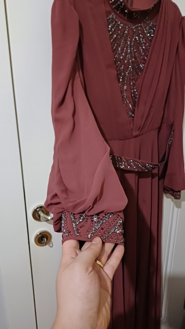 Gü kurusu İşlemeli Yüksek Yaka Uzun Abiye Elbise - Görsel 2