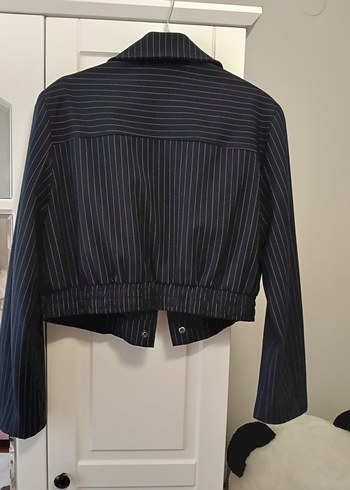 Düğmeli Çizgili Kısa Lacivert Denim Blazer - Görsel 2