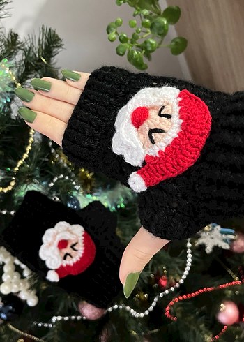 Siyah Örgü Kadın Eldivenleri Noel Desenli - Görsel 4