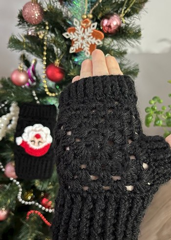 Siyah Örgü Kadın Eldivenleri Noel Desenli - Görsel 2