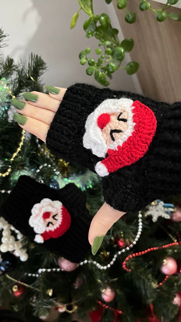 Siyah Örgü Kadın Eldivenleri Noel Desenli - Görsel 4