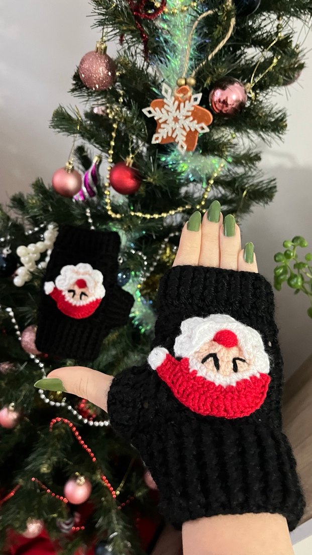 Siyah Örgü Kadın Eldivenleri Noel Desenli - Görsel 3